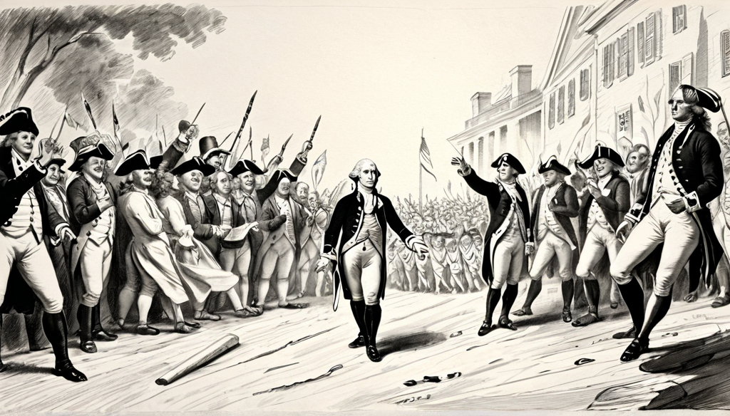 George Washington being cheered by soldiers and the populace